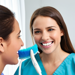 **Image Prompt:** A young, confident dental hygienist demonstrating proper teeth cleaning techniques to a patient. The hygienist is smiling and engaging, while the patient looks comfortable and attentive. The background shows a modern dental clinic with updated equipment. Focus on the human connection and the educational aspect of the hygiene session.