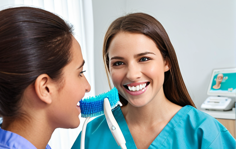 **Image Prompt:** A young, confident dental hygienist demonstrating proper teeth cleaning techniques to a patient. The hygienist is smiling and engaging, while the patient looks comfortable and attentive. The background shows a modern dental clinic with updated equipment. Focus on the human connection and the educational aspect of the hygiene session.