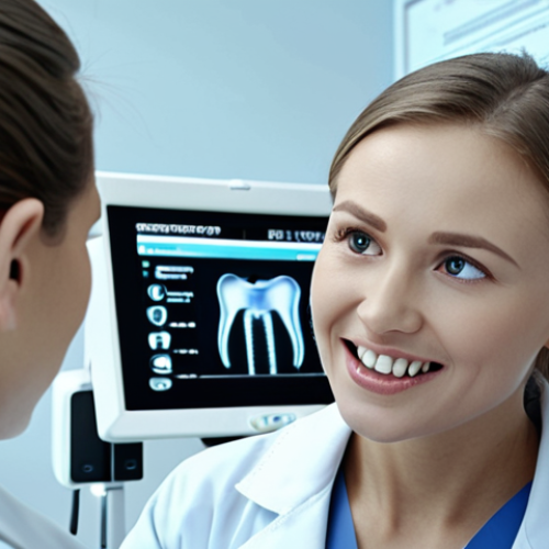 **Image Prompt:** A futuristic dental clinic with AI-powered diagnostic screens analyzing X-rays. A diverse team of dentists and hygienists are collaborating on personalized treatment plans. Focus on clean, modern aesthetics with soft lighting and a comforting atmosphere. Russian text subtly displayed on a screen interface.