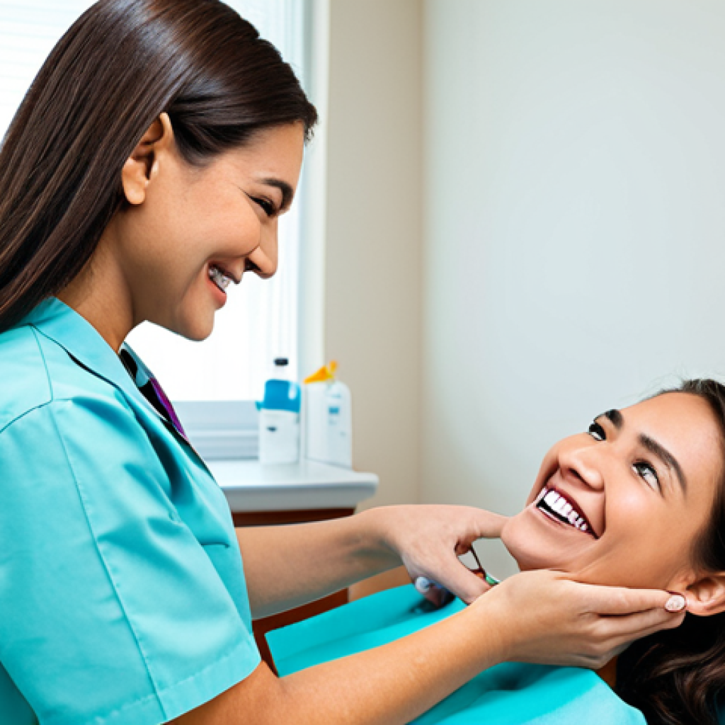 A professional female dental hygienist, fully clothed in a modest, contemporary dental uniform, attentively engaging with a smiling female patient of appropriate age in a bright, clean, modern dental examination room. The hygienist is demonstrating effective communication and building trust, maintaining a natural pose. The scene emphasizes compassionate patient care and health education. Perfect anatomy, correct proportions, well-formed hands, proper finger count, natural body proportions, safe for work, appropriate content, fully clothed, professional, family-friendly.