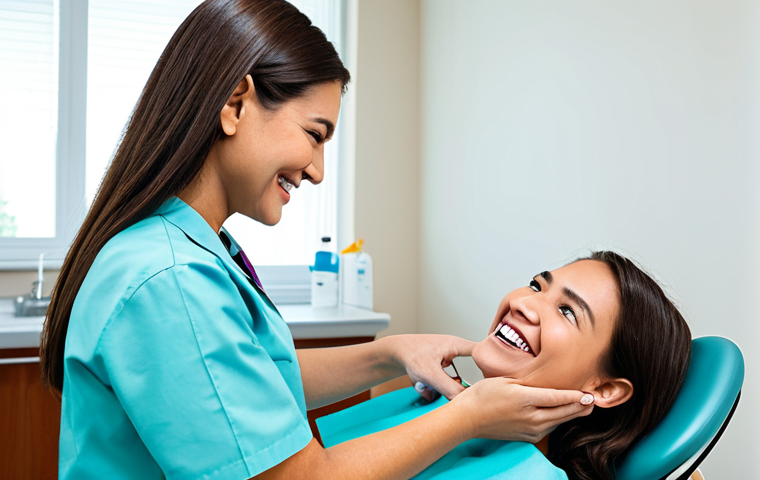 A professional female dental hygienist, fully clothed in a modest, contemporary dental uniform, attentively engaging with a smiling female patient of appropriate age in a bright, clean, modern dental examination room. The hygienist is demonstrating effective communication and building trust, maintaining a natural pose. The scene emphasizes compassionate patient care and health education. Perfect anatomy, correct proportions, well-formed hands, proper finger count, natural body proportions, safe for work, appropriate content, fully clothed, professional, family-friendly.