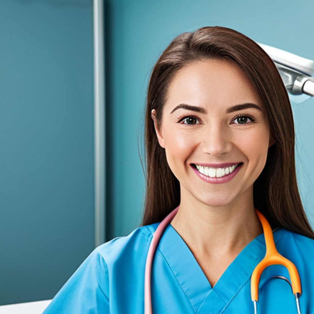 Confident Dental Hygienist**
"A professional dental hygienist, женщина, in a modern, well-lit dental clinic, fully clothed in scrubs, smiling warmly at the viewer. She's holding dental instruments, looking confident and capable. The background includes modern dental equipment. Safe for work, appropriate content, professional, perfect anatomy, well-formed hands."
**