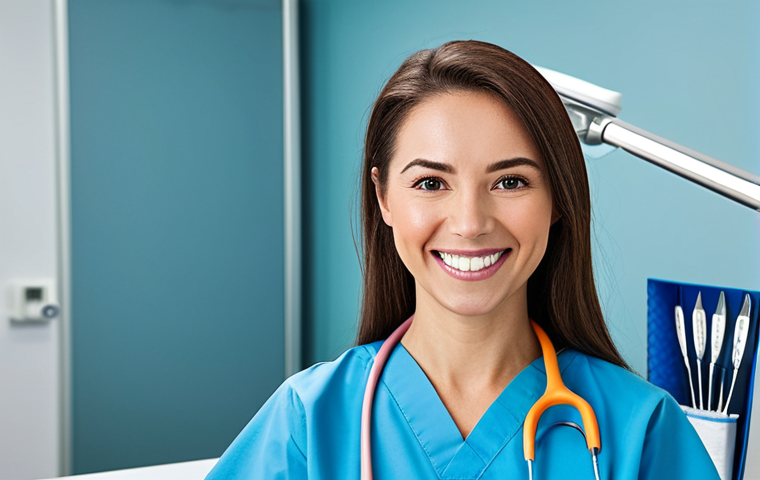 Confident Dental Hygienist**
"A professional dental hygienist, женщина, in a modern, well-lit dental clinic, fully clothed in scrubs, smiling warmly at the viewer. She's holding dental instruments, looking confident and capable. The background includes modern dental equipment. Safe for work, appropriate content, professional, perfect anatomy, well-formed hands."
**