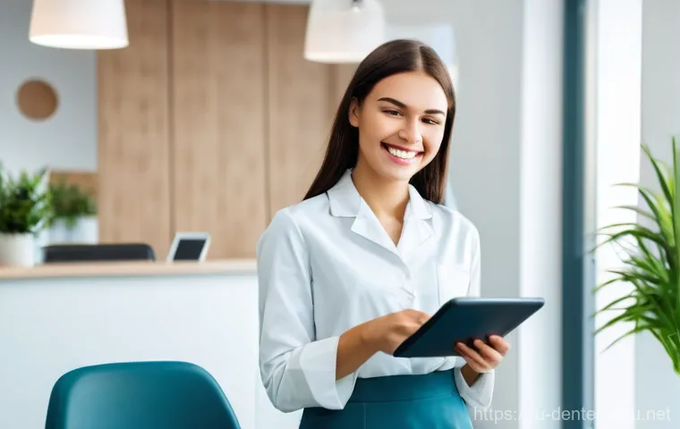 치과위생사 환자 만족도 조사 방법 - **Prompt 1: A Content Patient Giving Positive Feedback in a Modern Dental Clinic**
"A young adul...