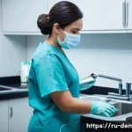 치과위생사 실무 도구 관리법 - "A professional female dental hygienist, dressed in pristine medical scrubs and wearing protective g...