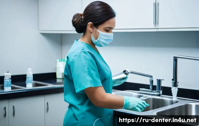 치과위생사 실무 도구 관리법 - "A professional female dental hygienist, dressed in pristine medical scrubs and wearing protective g...
